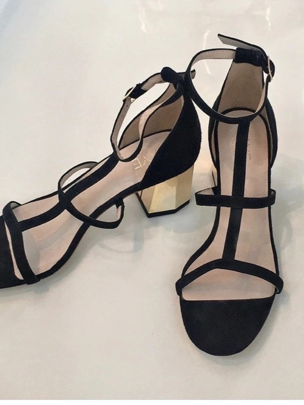 RAYE Black Strappy Gold Block Heel Sandals